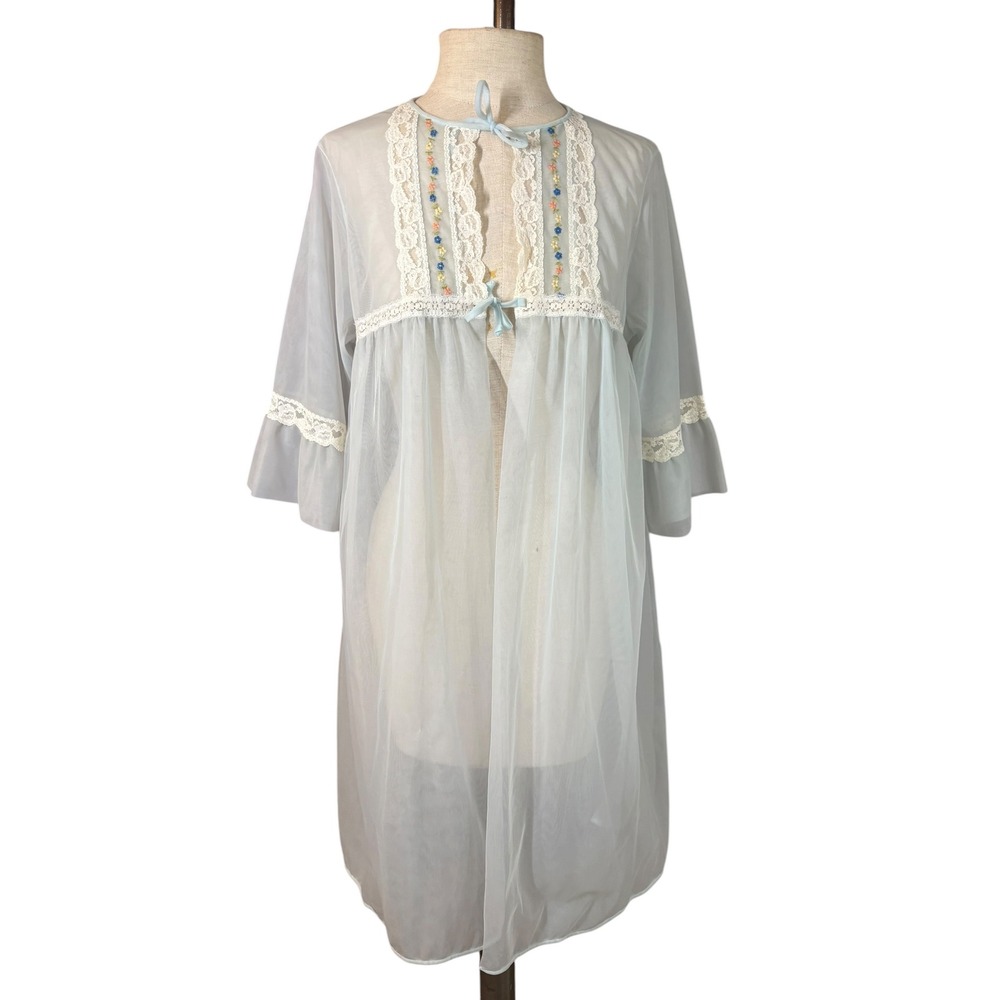 Vintage‎ 60's Sheer Chiffon Light Blue Robe M Embroidered Lace Feminine Coquette